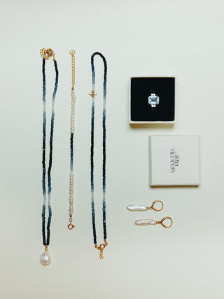 Atelier Simeon mix jewelry set of pearls, blue sapphires and topaze - perfect summer set
