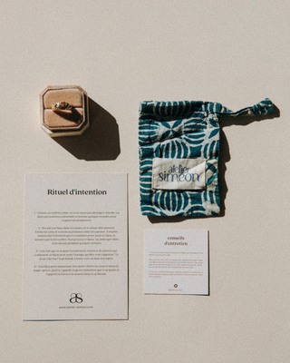 Packaging cadeau ecrin bague Panjim velours pochon blockprint rituel d'intention Atelier Siméon